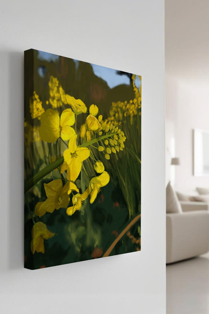 Close-up view of vibrant yellow flowers in a lush green field