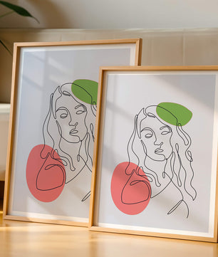 Line Art Portrait auf grauem Hintergrund mit Farbakzenten 