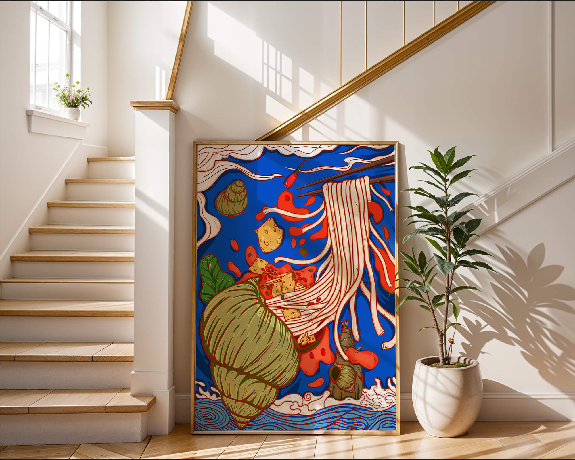 Ilustración intrincada de fideos con colores vibrantes y elementos detallados