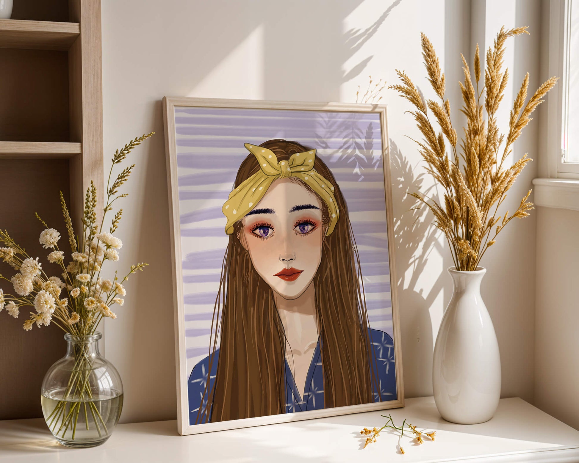 Illustration of a woman with a yellow headband against a striped background