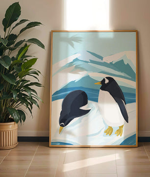 Gentoo penguins in an Antarctic landscape illustration
