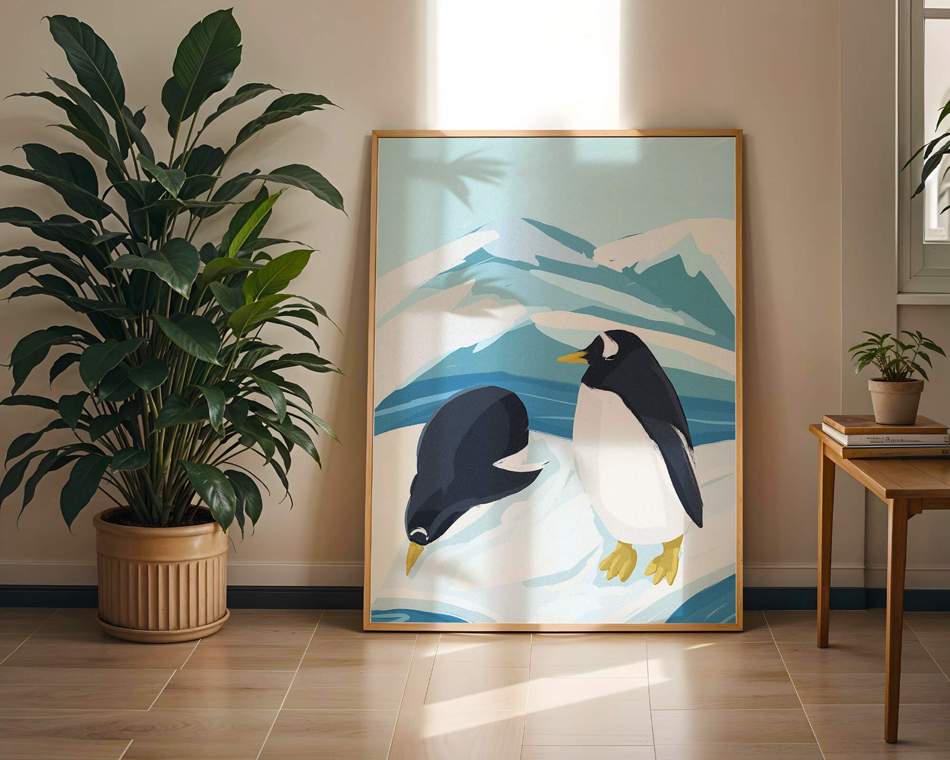 Gentoo penguins in an Antarctic landscape illustration