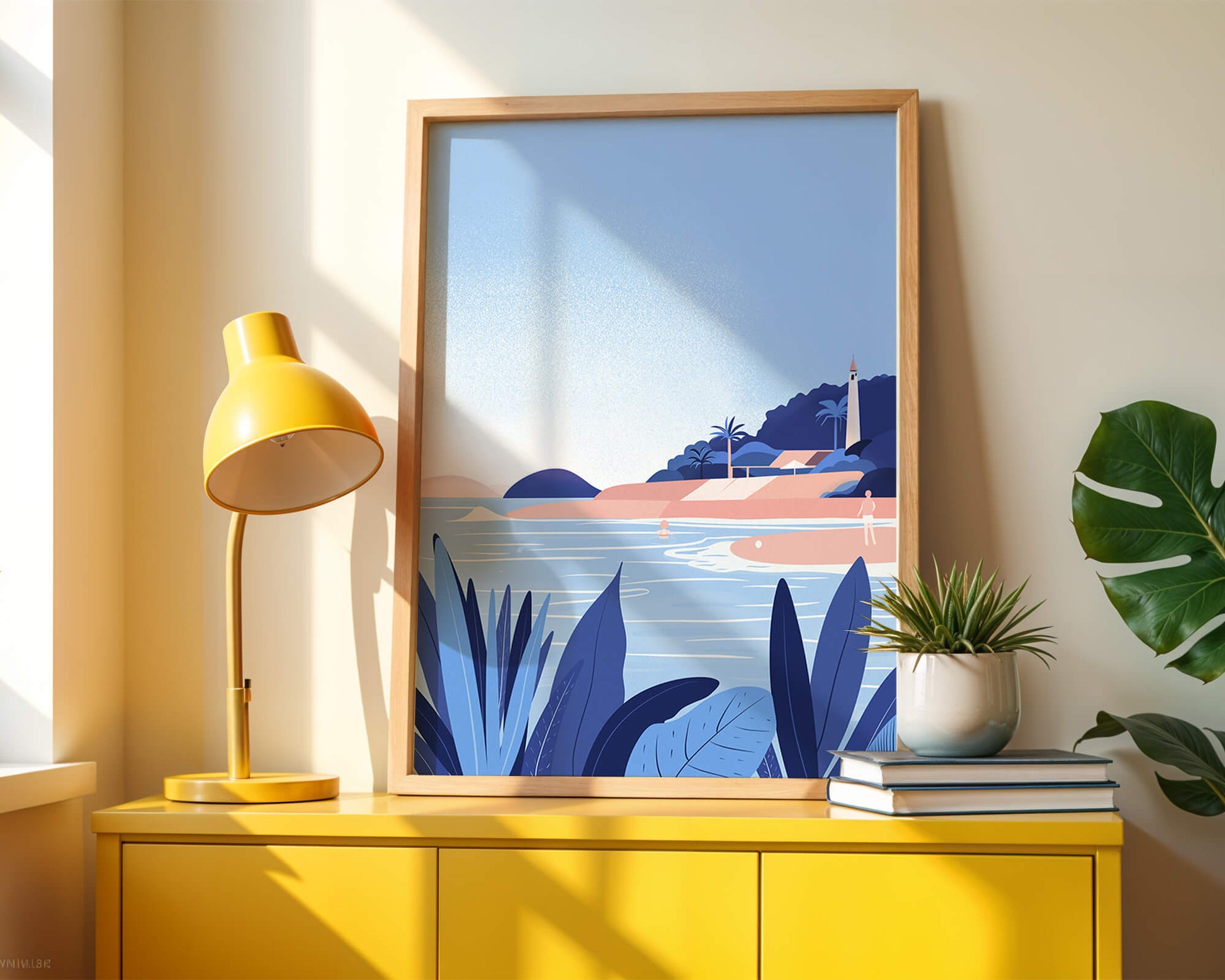 Serene seaside scene with lighthouse and tropical foliage