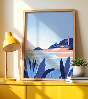 Serene seaside scene with lighthouse and tropical foliage