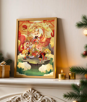 Fantastical scene with anthropomorphic animals and a dragon in a vibrant setting