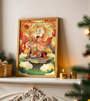 Fantastical scene with anthropomorphic animals and a dragon in a vibrant setting
