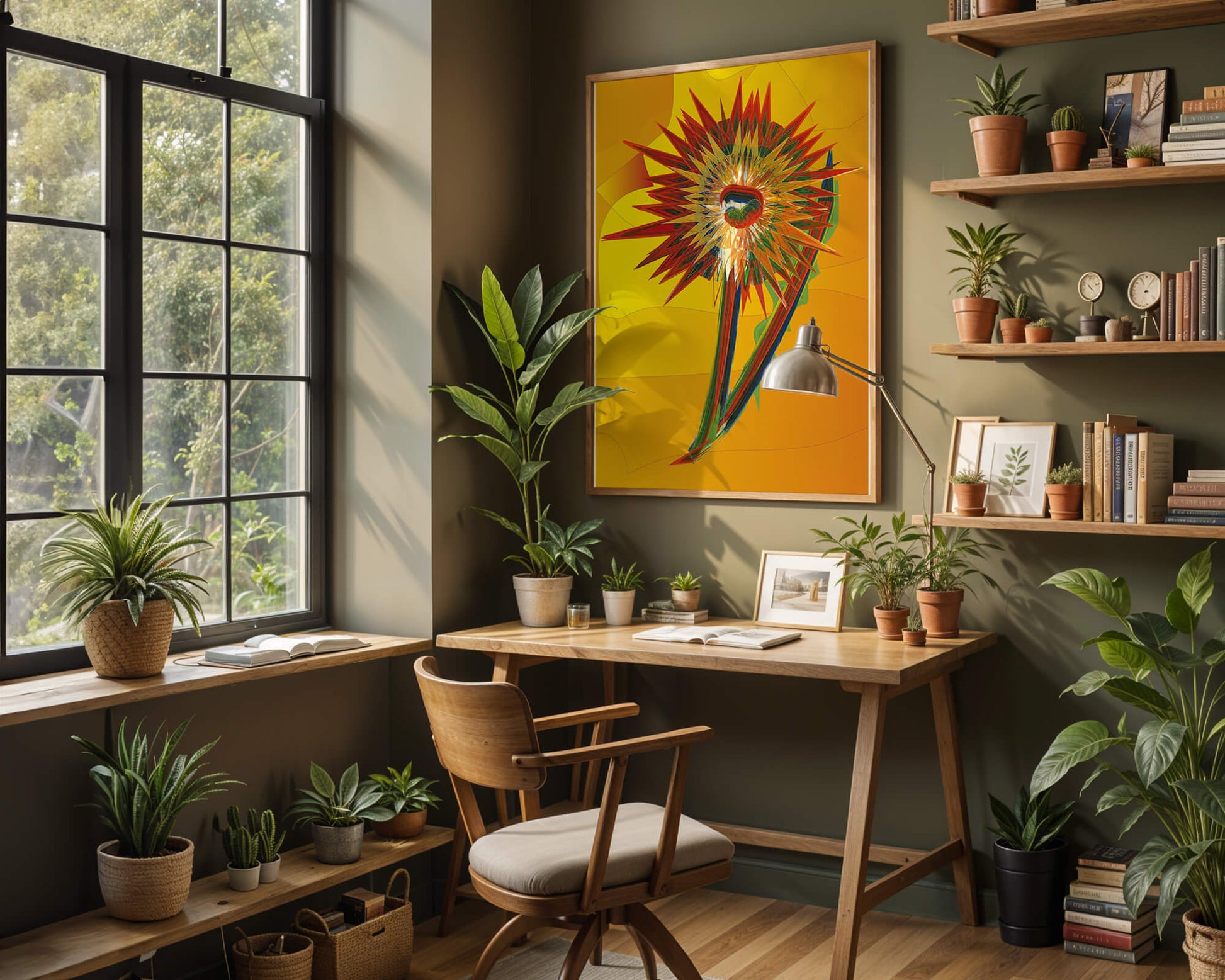 Abstract vibrant sunflower art with dynamic geometric shapes