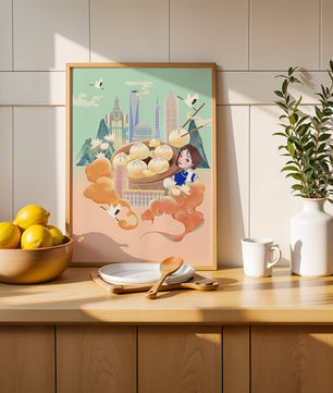 Illustration de la ligne d’horizon de Shanghai avec des raviolis et des éléments asiatiques