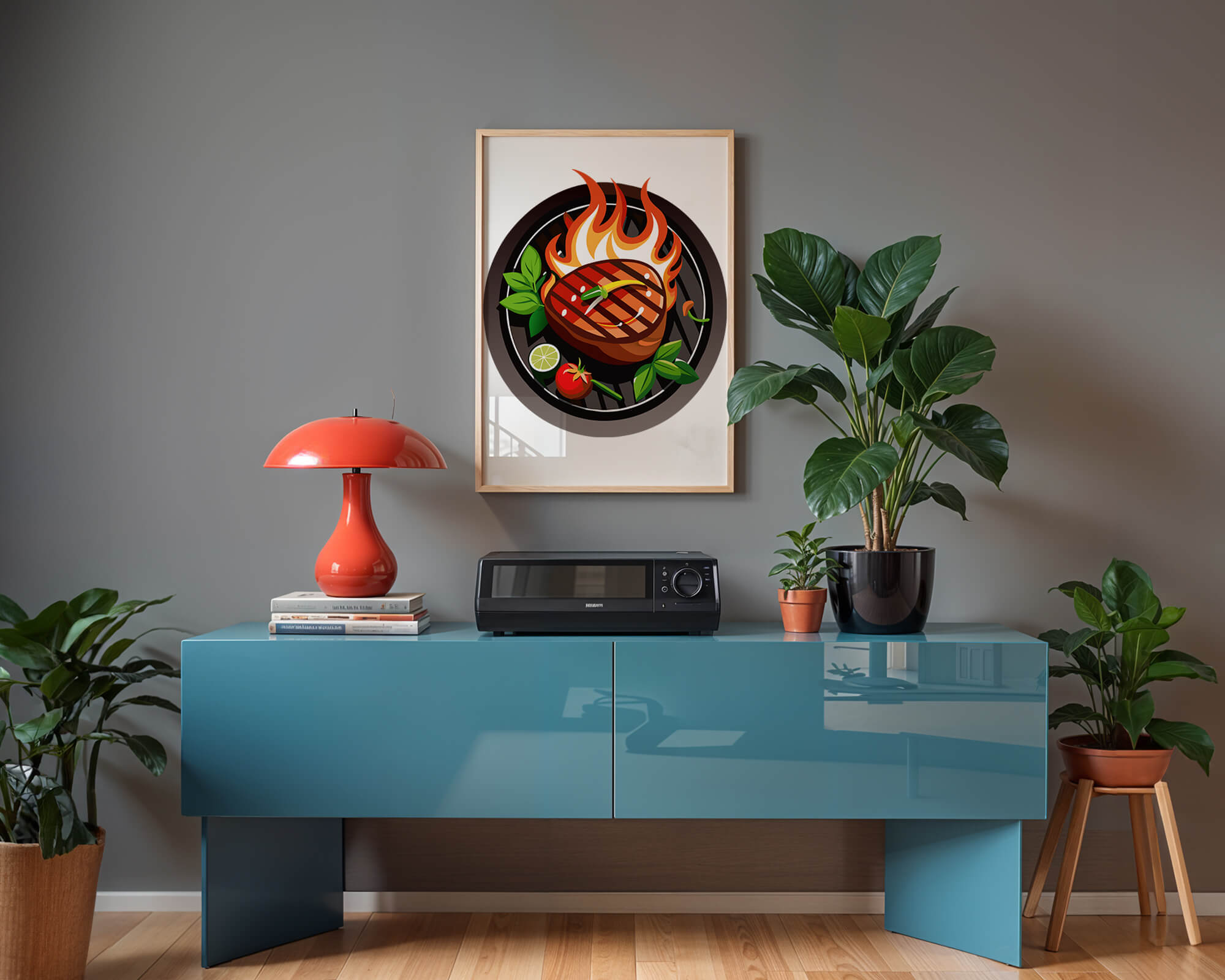 Grilled steak on barbecue grill with flames and fresh ingredients