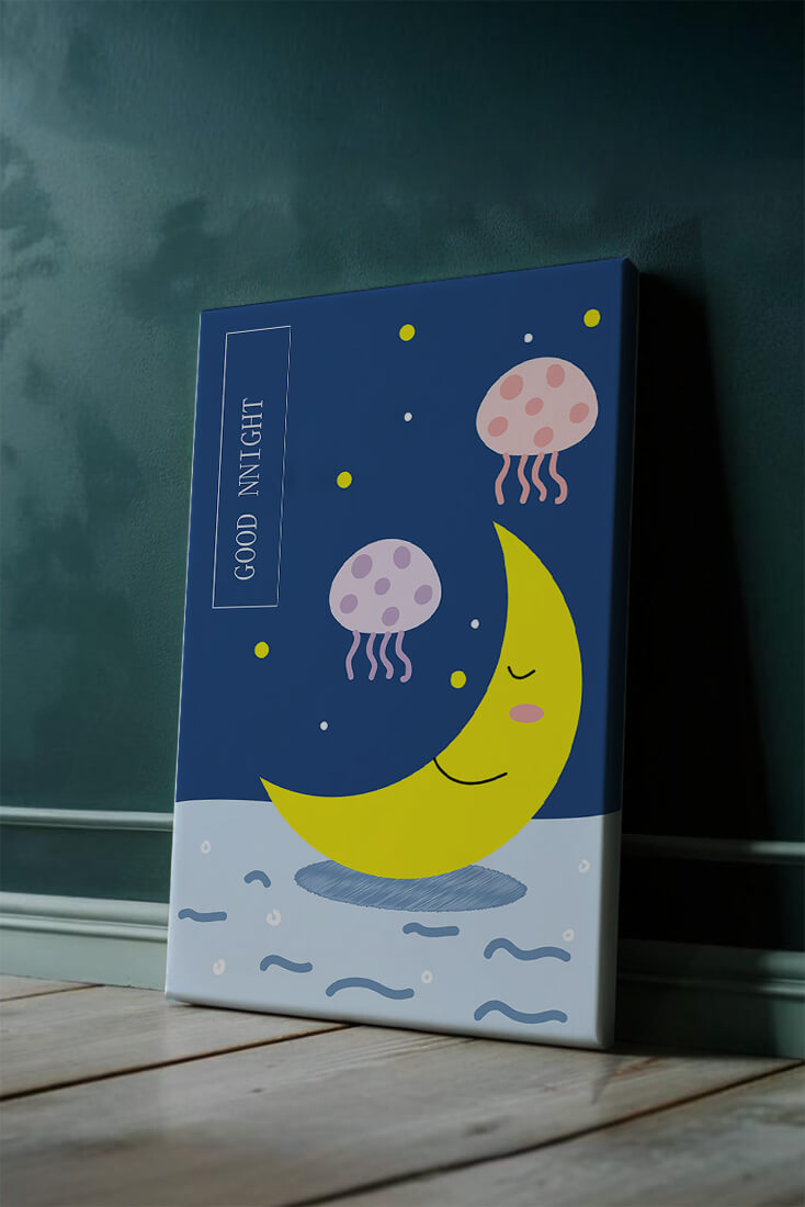 Whimsical night scene with a smiling moon and playful jellyfish