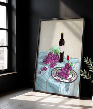 Still Life with Grapes and Wine Bottle on a Checkered Tablecloth - Mi tienda