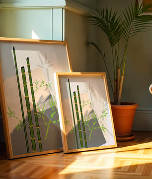 Arte minimalista de bambú con sombras abstractas de bambú