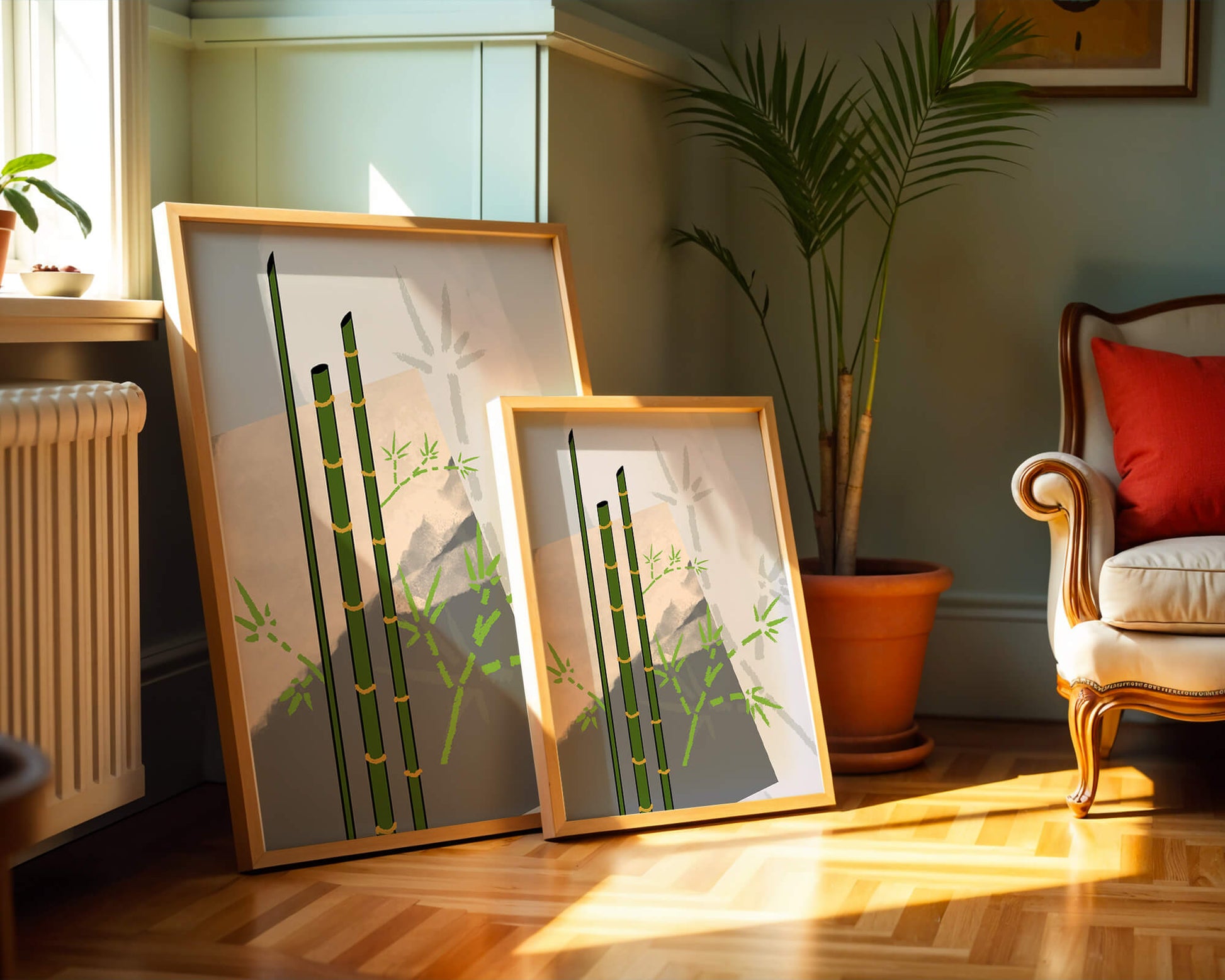 Arte minimalista de bambú con sombras abstractas de bambú