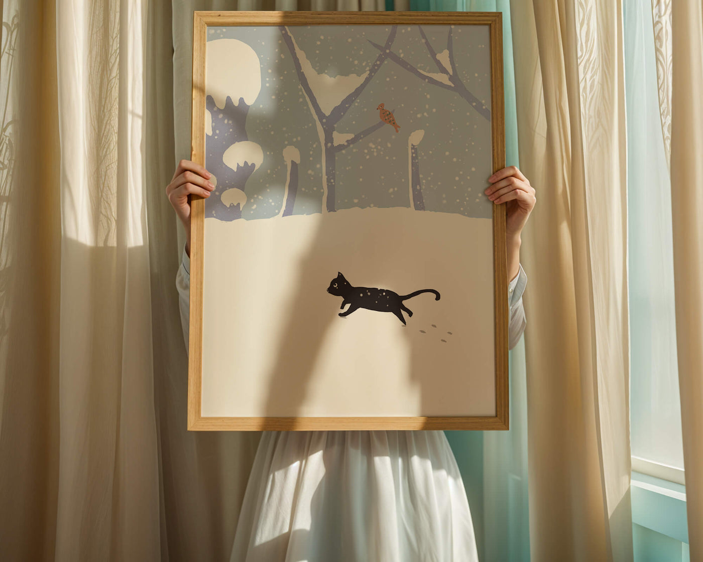 Illustrated snowy landscape with playful black cat and bird in winter scenery