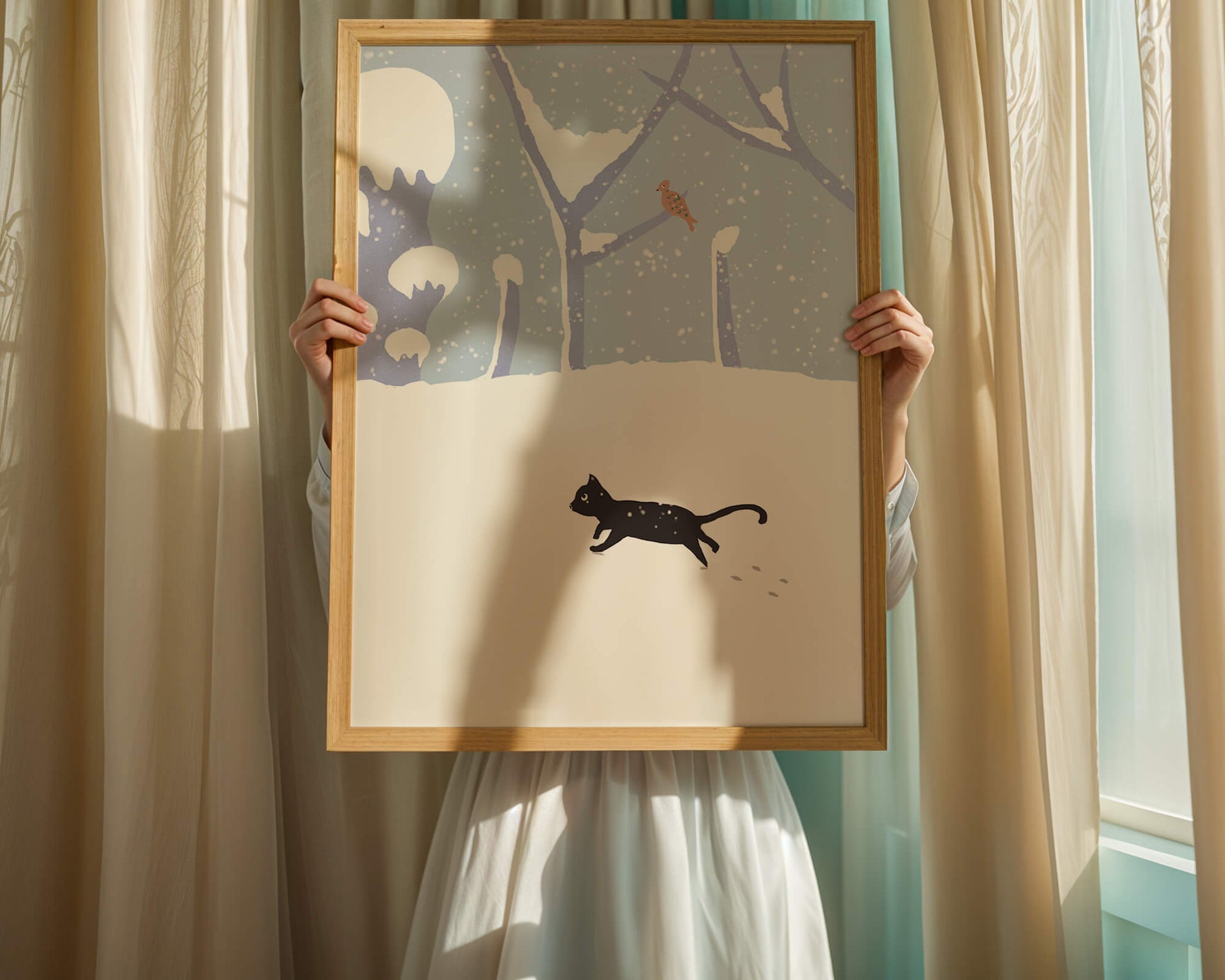 Illustrated snowy landscape with playful black cat and bird in winter scenery