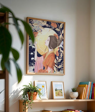 Illustration élégante d'une femme avec des éléments floraux sous la lumière de la lune