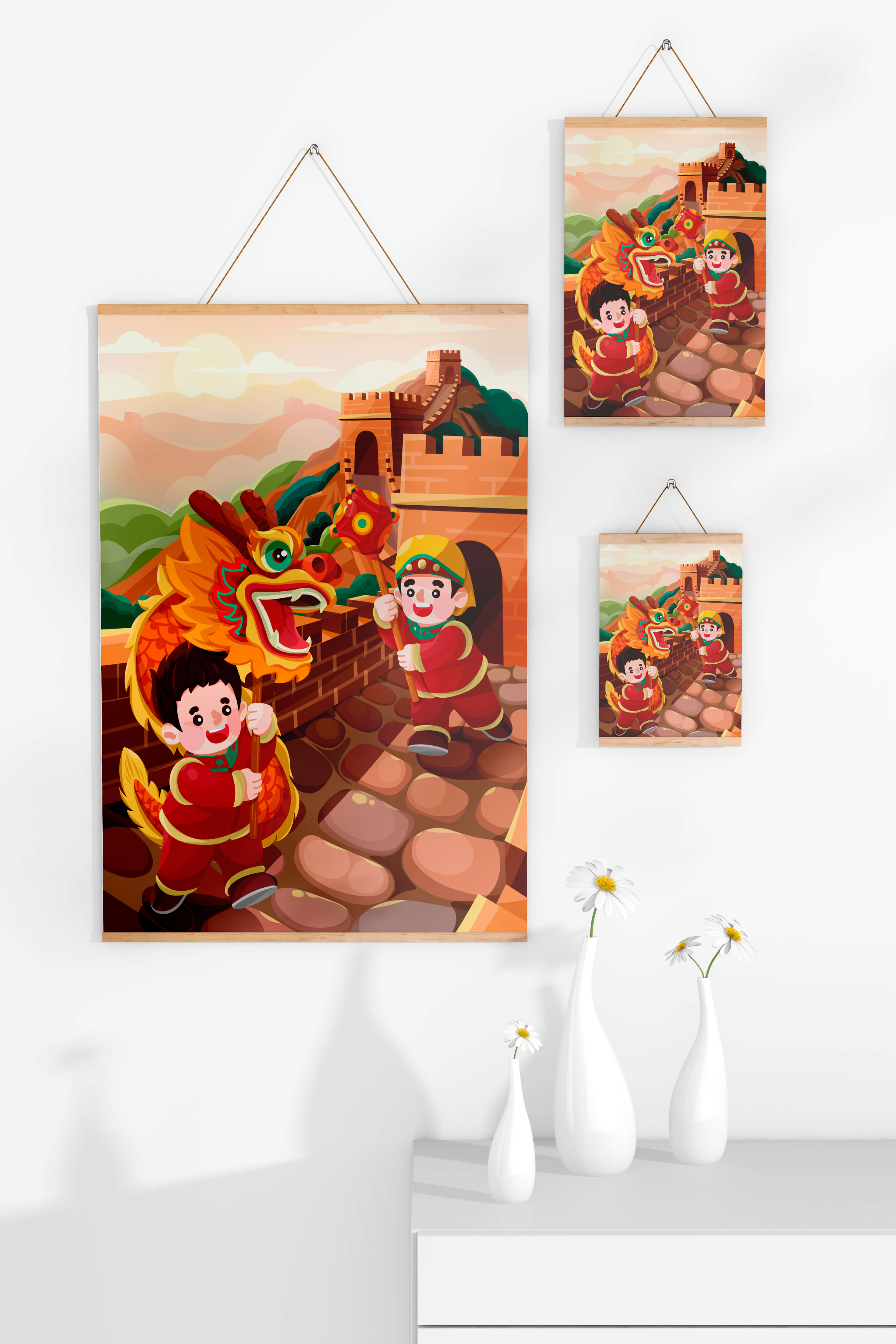 Children celebrating with dragon dance at the Great Wall