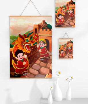 Children celebrating with dragon dance at the Great Wall