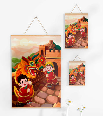 Children celebrating with dragon dance at the Great Wall