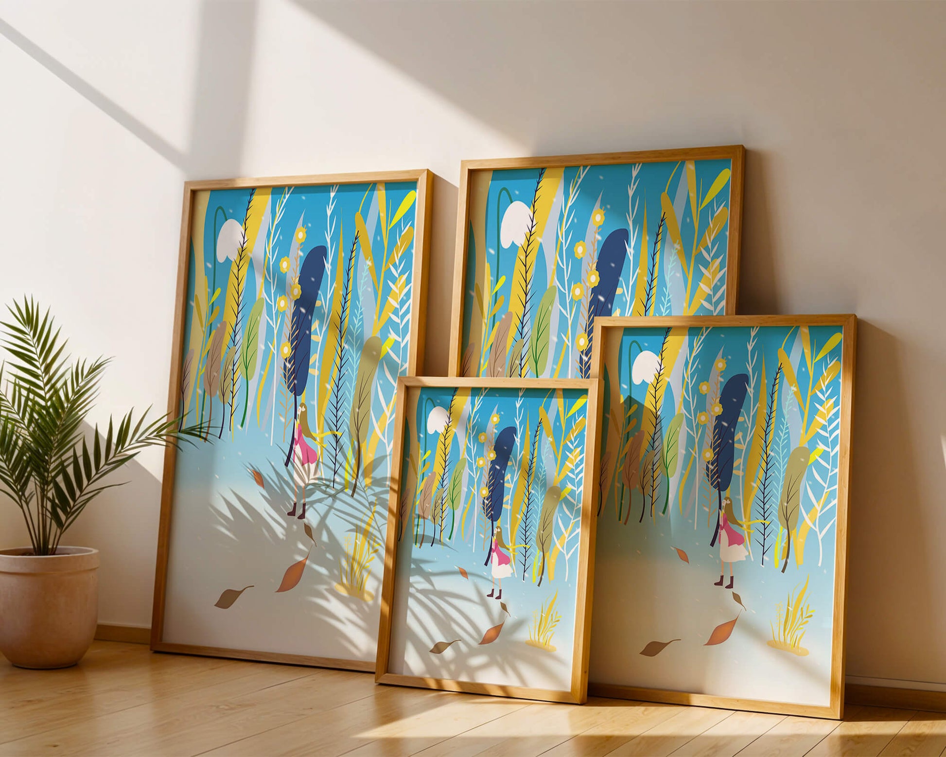 Ilustración caprichosa de una niña en un bosque abstracto vibrante