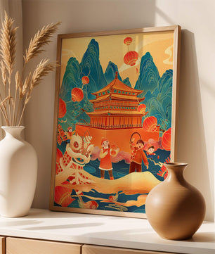 Traditionelles chinesisches Fest mit Laternen und Löwentanz