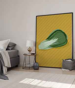 Illustrated bok choy on vibrant yellow background with stripes