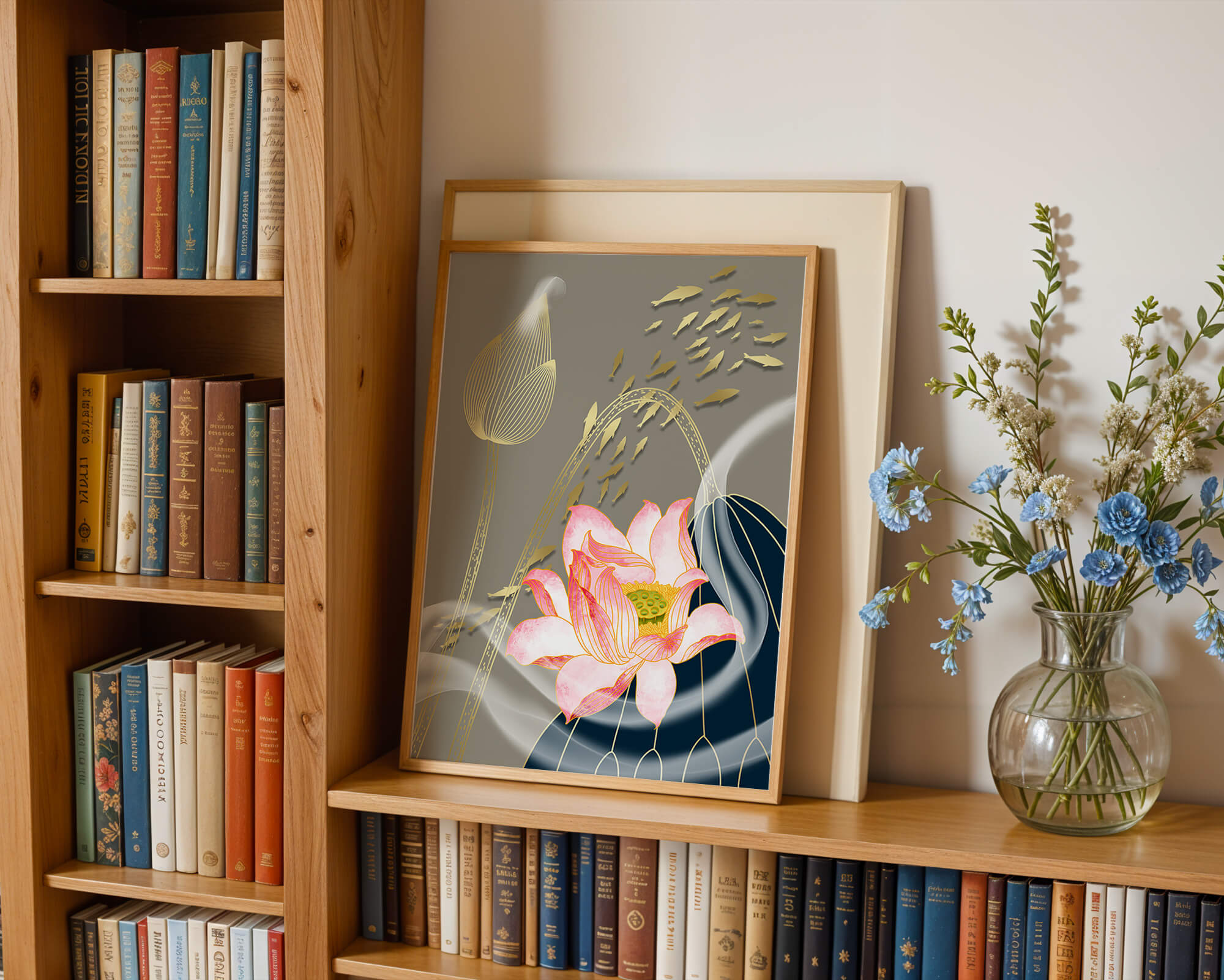 Elegant floral design with blooming lotus and golden fish accents