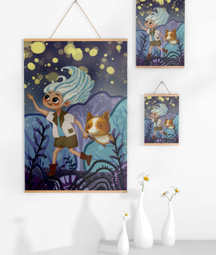 Whimsical Adventure in a Magical Night Sky Landscape