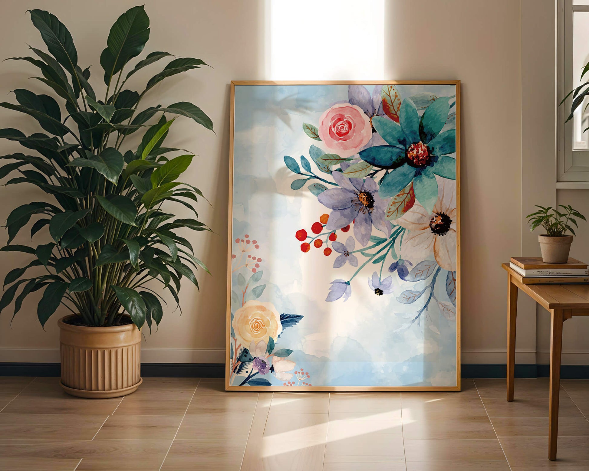 Ilustración floral acuarela con flores y hojas vibrantes