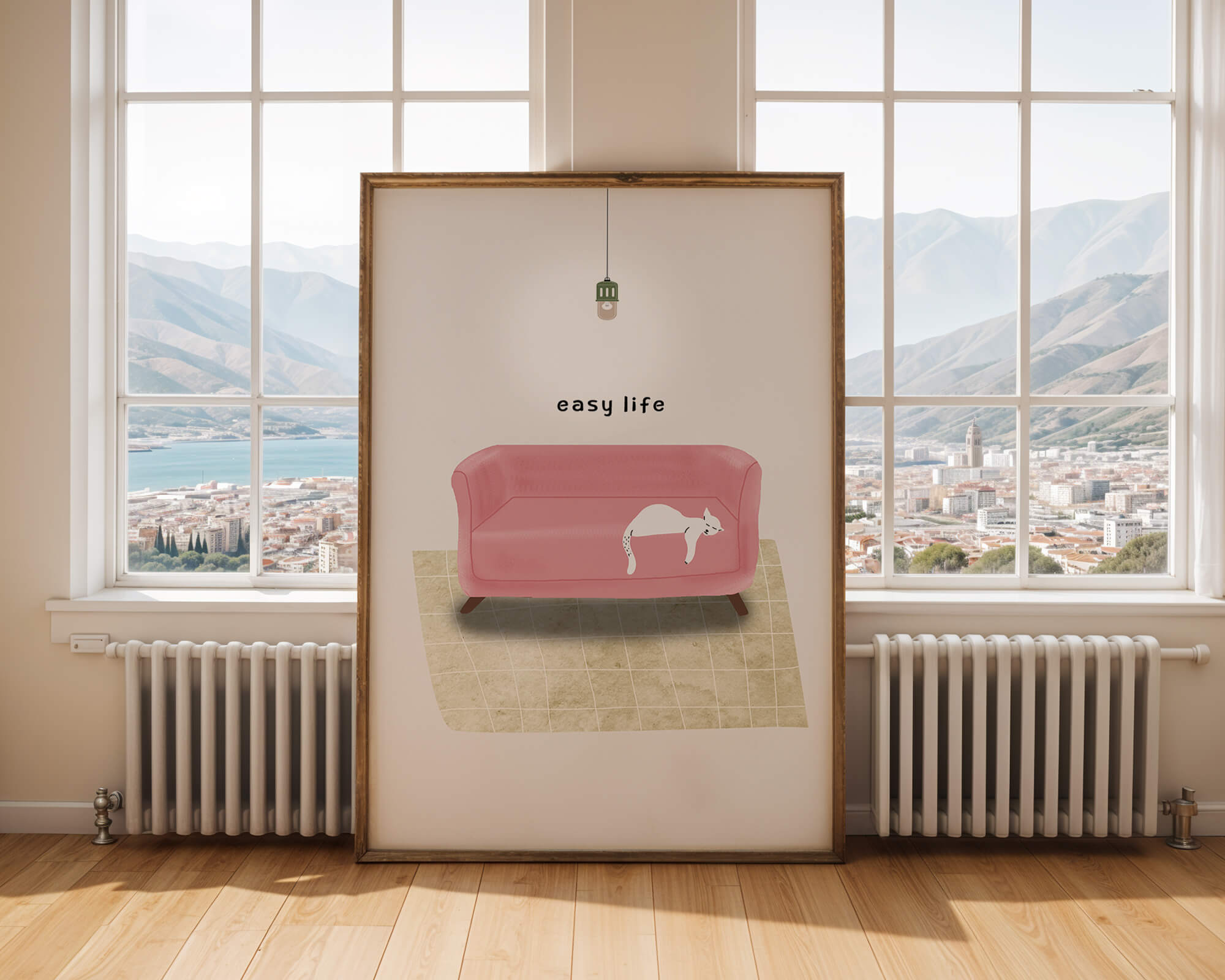 Minimalist Interior with Pink Sofa and Relaxed White Cat