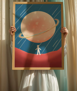 Illustration Of A Large Planet Against A Stardust Background With A Small Figure In The Foreground
