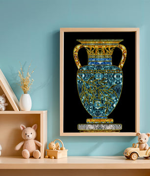 Jarrón de mosaico detallado con piedras preciosas doradas y azules sobre fondo negro