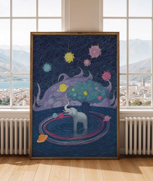 Éléphant fantastique avec arbre et fond cosmique