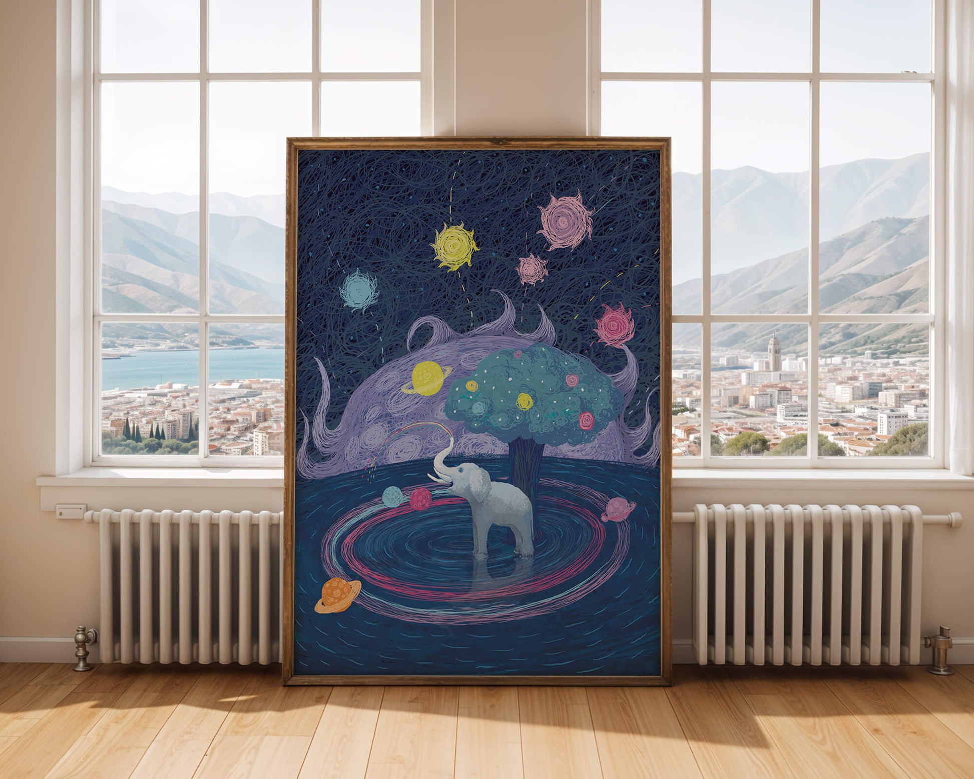 Éléphant fantastique avec arbre et fond cosmique