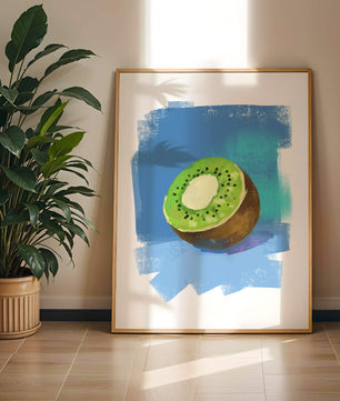 Illustration of a kiwi with a textured blue background