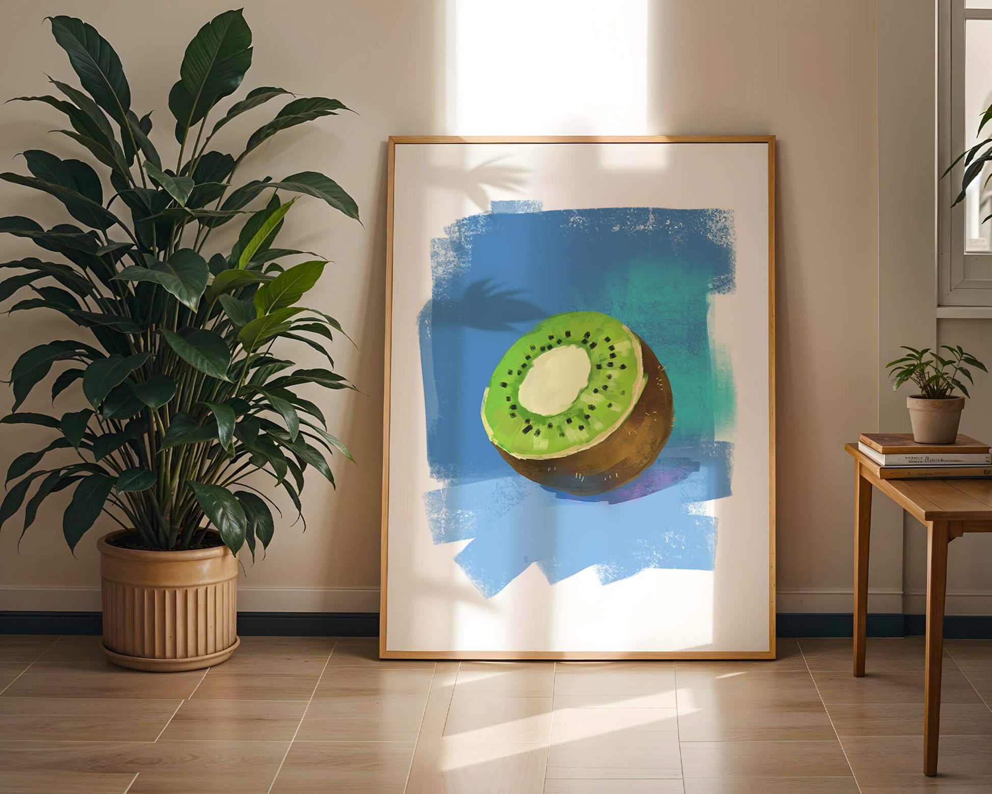 Illustration of a kiwi with a textured blue background