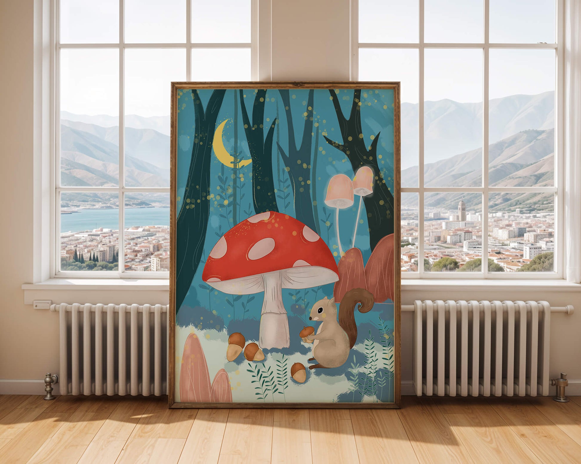 Escena caprichosa de bosque con ardillas y hongos bajo la luz de la luna.
