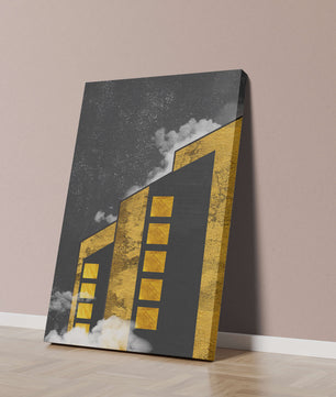Ilustración arquitectónica artística con elementos dorados y cielo nocturno