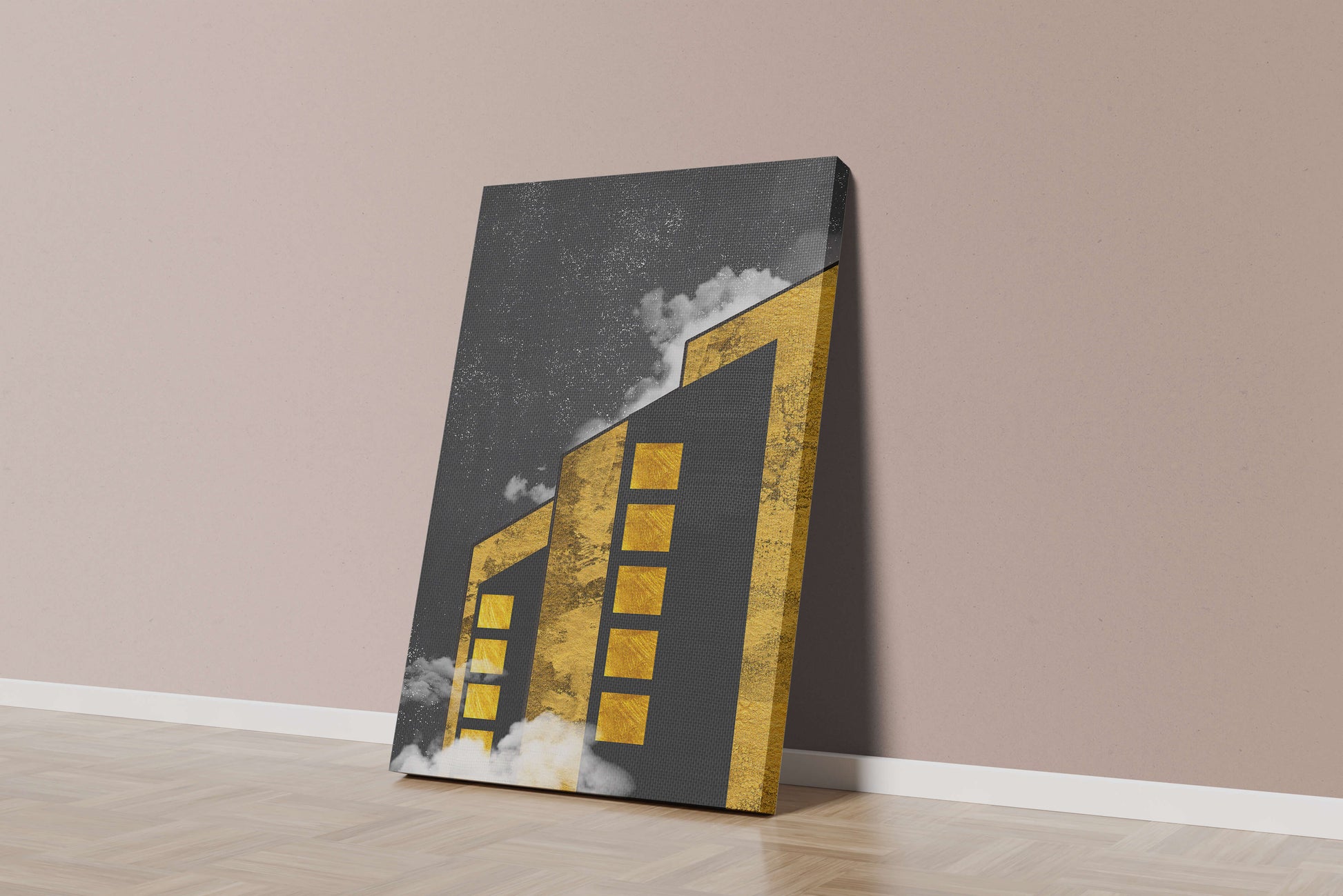 Artistic architectural illustration with golden elements and night sky