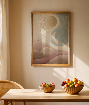 Minimalist landscape with sun, moon, and wolf in pastel hues