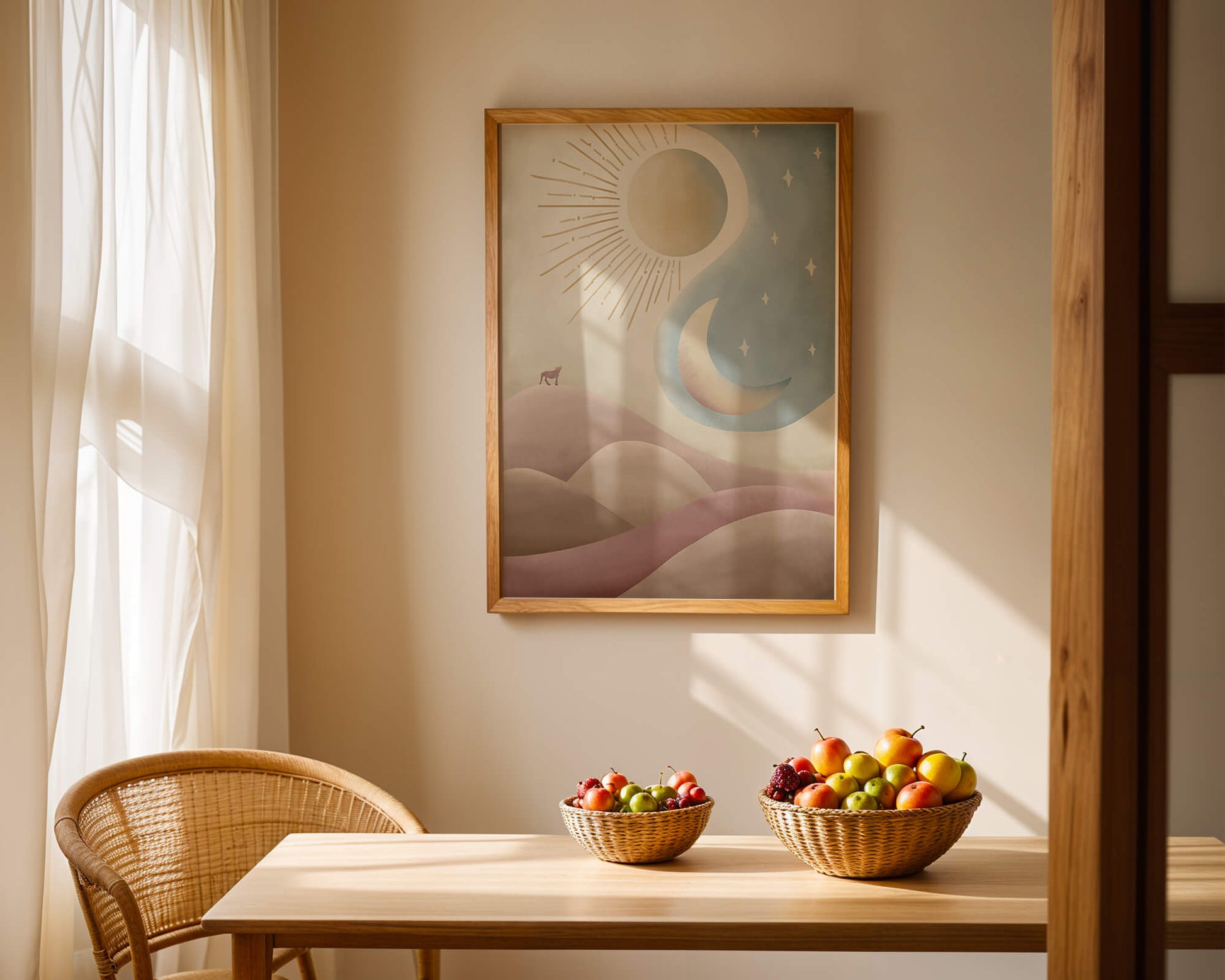 Minimalist landscape with sun, moon, and wolf in pastel hues