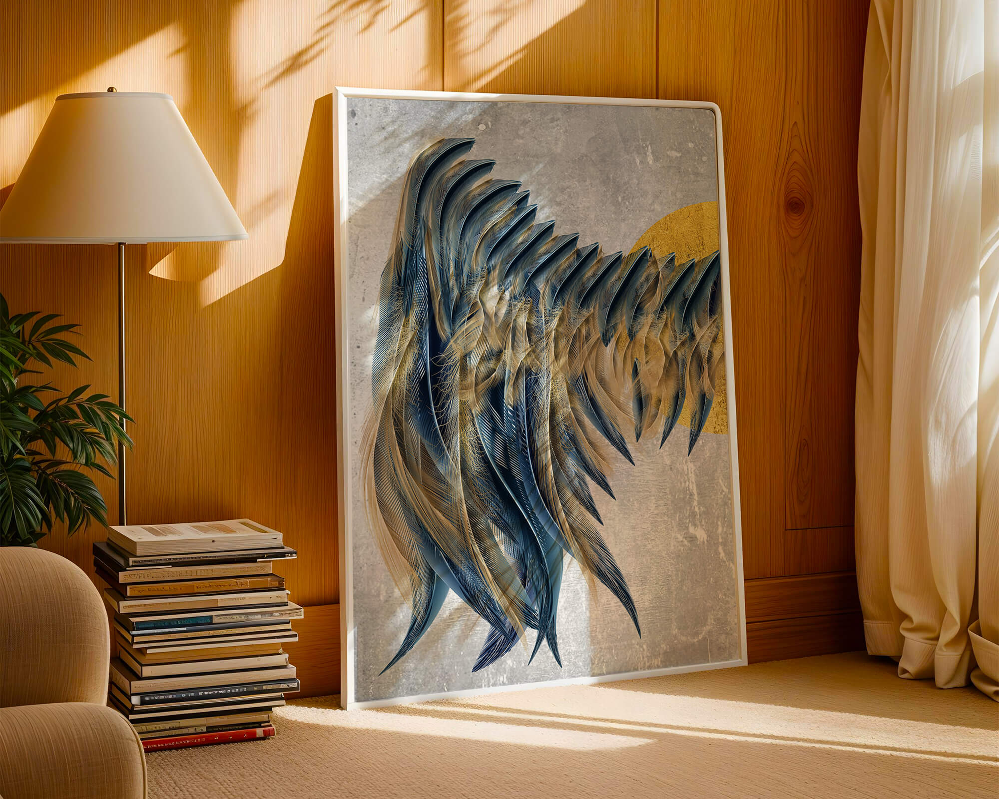 Arte abstracto de plumas con detalles dorados sobre fondo texturizado