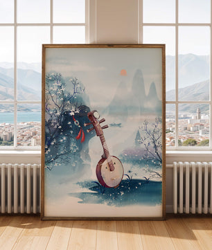 Paisaje tradicional chino con instrumento musical y flores