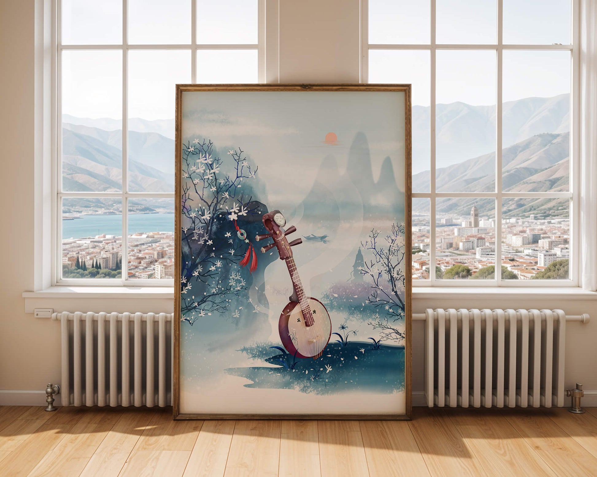 Paisaje tradicional chino con instrumento musical y flores