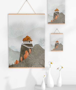 Serene landscape with traditional pagoda and autumn trees