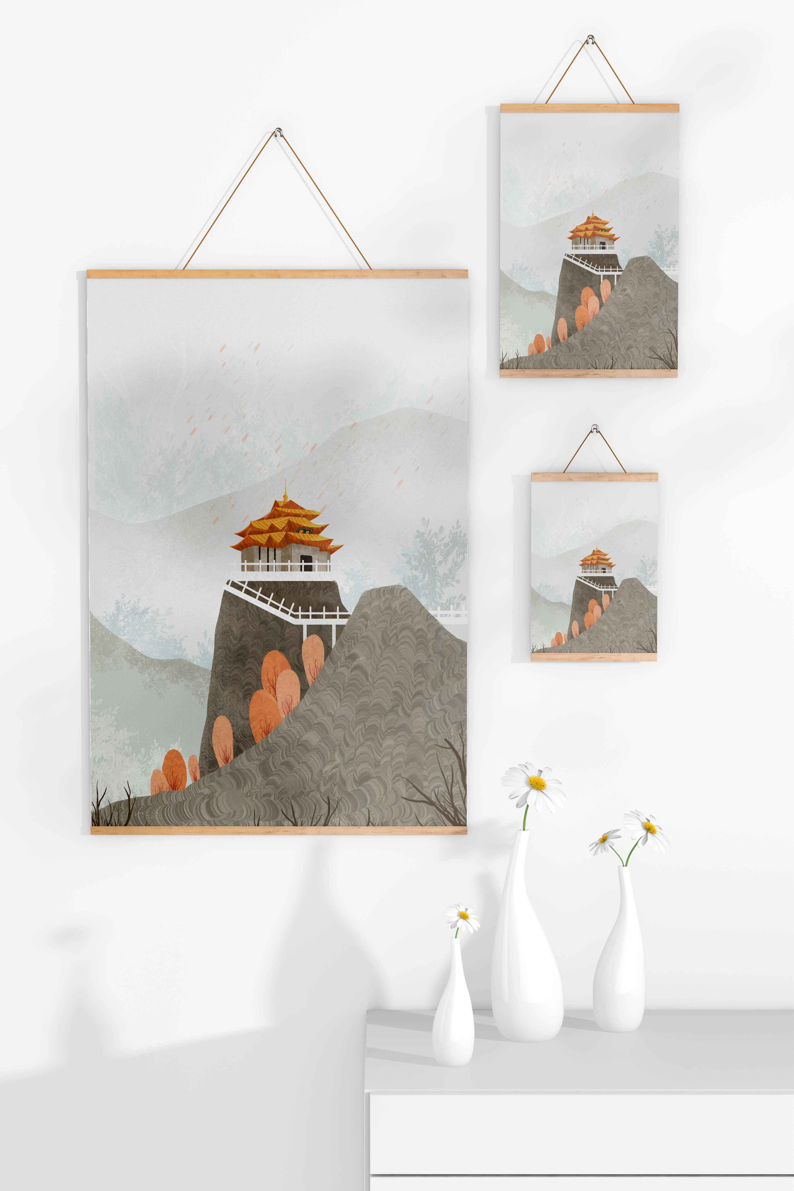 Serene landscape with traditional pagoda and autumn trees
