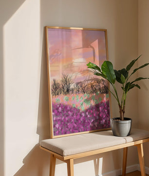 Paisaje sereno con campo floral vibrante y cielo pastel
