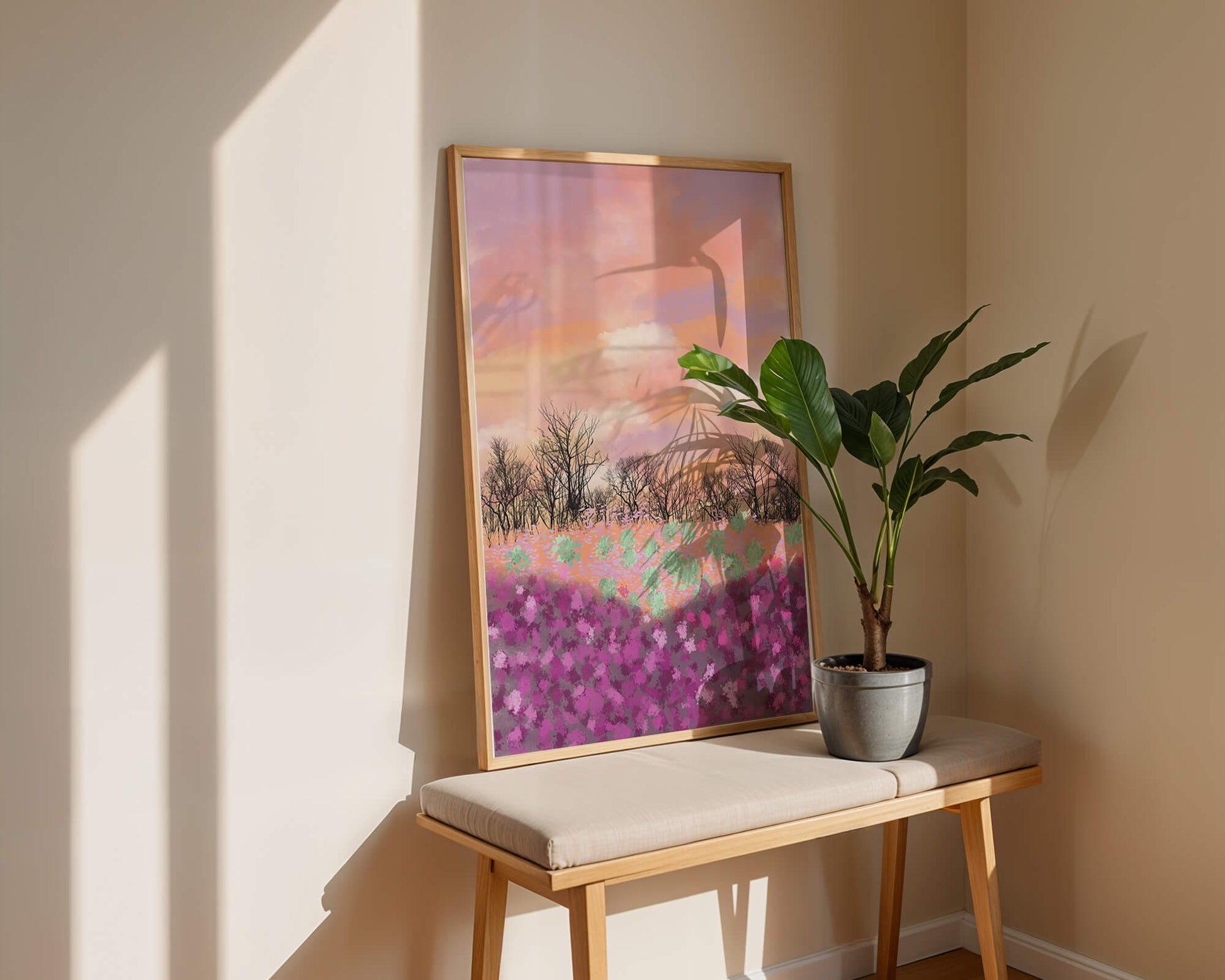 Paisaje sereno con campo floral vibrante y cielo pastel