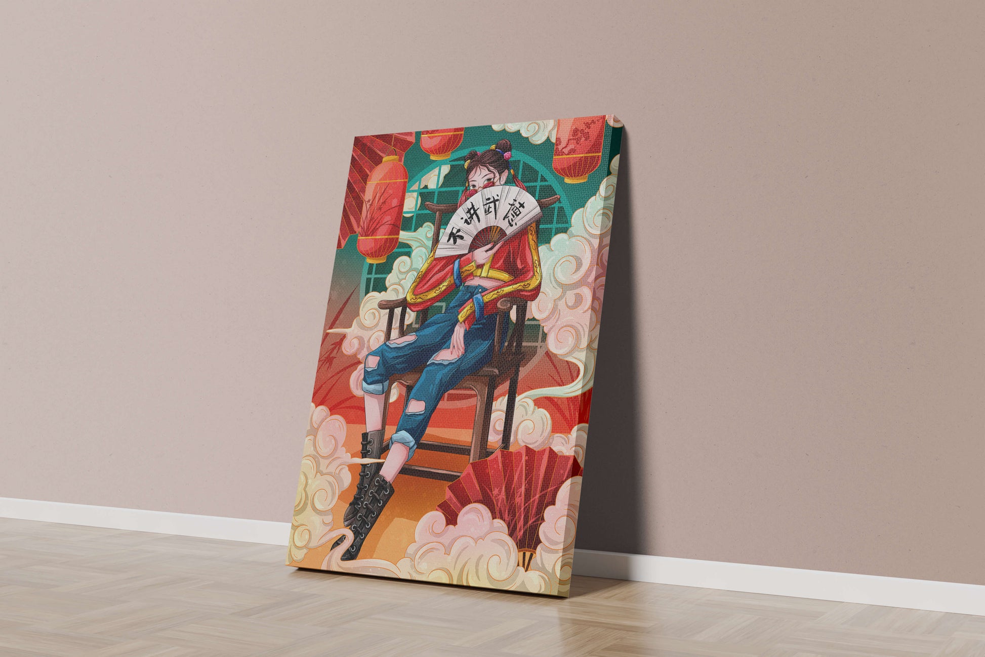 Female character with fan in colorful oriental setting