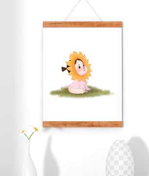 Adorable child with sunflower costume sitting on a grassy patch